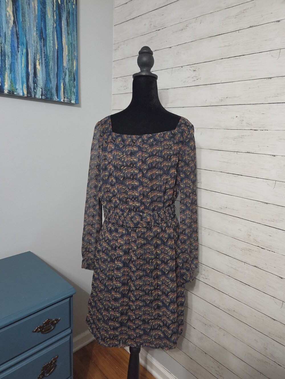 BANANA REPUBLIC Floral Long-Sleeve Navy, Orang & Yellow Floral Dress, Belted